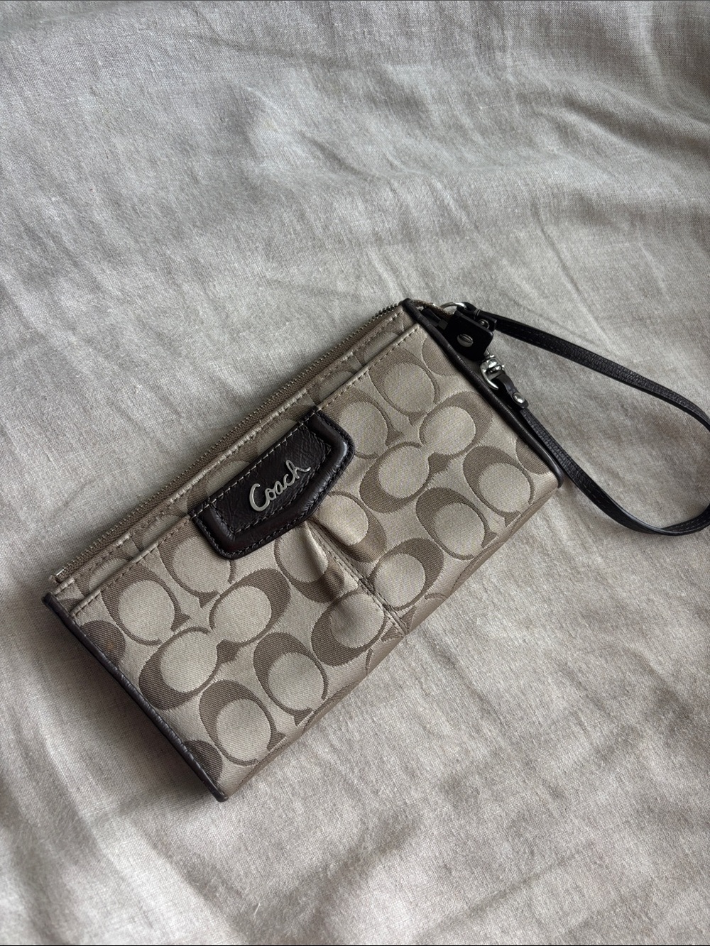 Coach Khaki and Taupe Signature Canvas Wristlet with Dark Brown Trim
